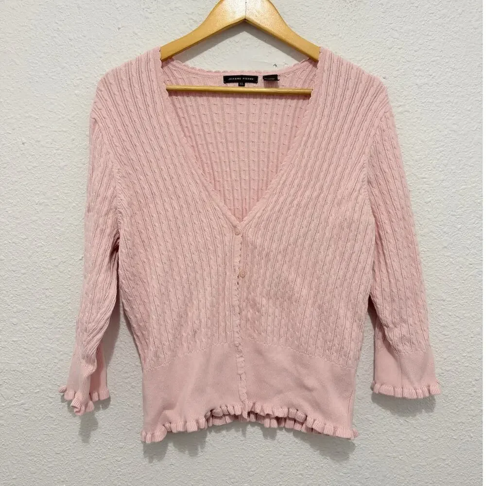 Vintage Pink Knit Cardigan Cottage Fairy Ballet Ruffle Feminine Girly Baby Pink